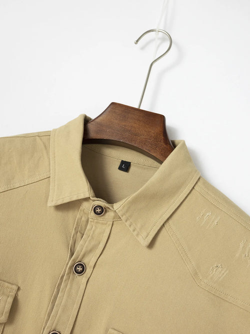 Fashion Men's Business Casual Long Sleeve Shirt with Double Pockets Turn-down Collar Office Work Wear Outdoor Utility Clothing
