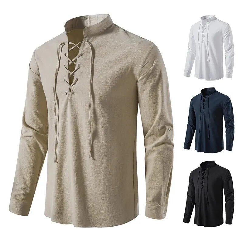 King Billion Men's Shirts Casual Men Cotton Linen Long Sleeve T-shirt Spring Autumn Vintage Shirt US Size Drawstring Neck